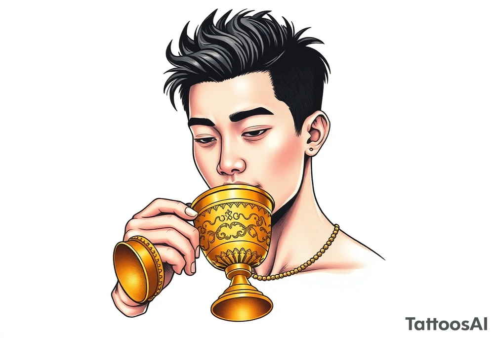 Handsome Asian young guy is drinking from medieval golden cup tattoo idea