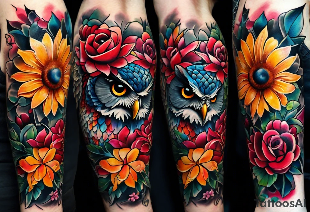 A lower forearm sleeve full colour coming down from a bicep with flowers joined with honeycombs, Mandela flowers, and owl. tattoo idea
