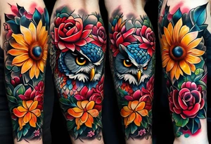 A lower forearm sleeve full colour coming down from a bicep with flowers joined with honeycombs, Mandela flowers, and owl. tattoo idea