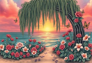 Sunset galaxy. Ocean.  weeping willow garden with roses and lilies flower beds, fairies, mermiads, dragons butterflies,  cat paw prints path in dirt. tattoo idea