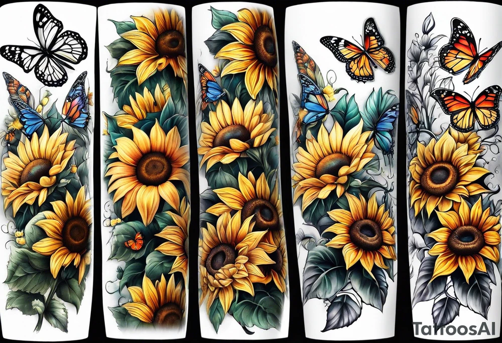 Arm sleeve with sunflowers and butterflies tattoo idea