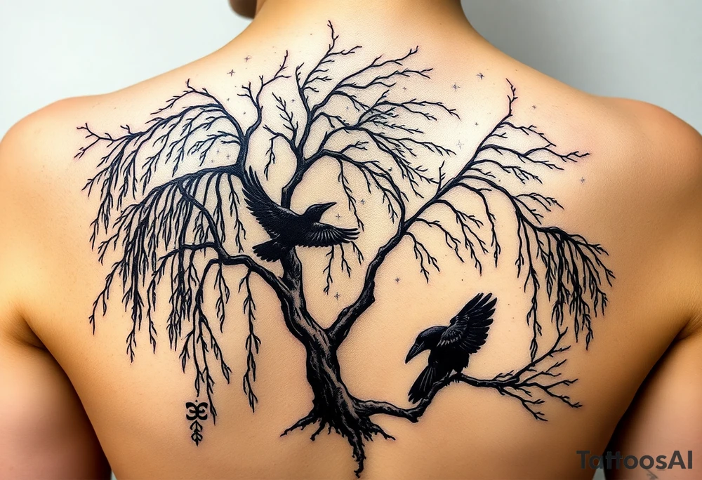 Weeping willow with starry sky background with zodiac constellations in it with runes and ravens tattoo idea