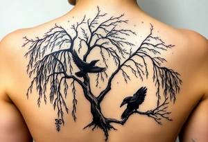 Weeping willow with starry sky background with zodiac constellations in it with runes and ravens tattoo idea