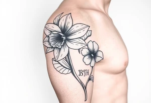 A daffodil with pussy willow flower and a clover with the initials B P H tattoo idea