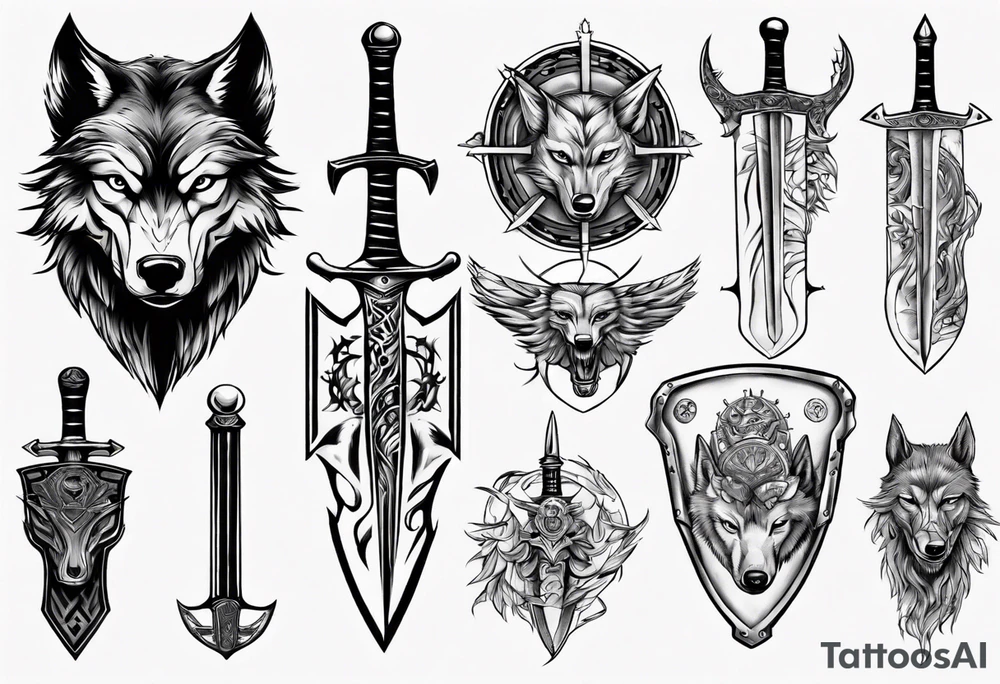 Sword and shield wolf tattoo idea
