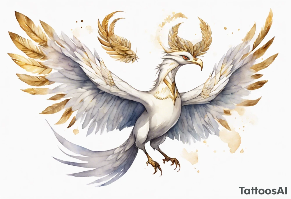 a watercolor of a white bird-serpent hybrid wearing a plain crown, with light gold wing feathers, flying in the sky tattoo idea
