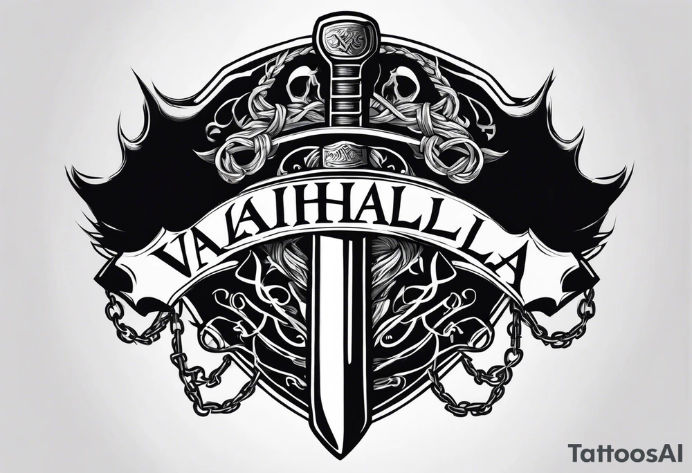 Valhalla sword round shield axe barbed wire chains dark cloud tattoo idea