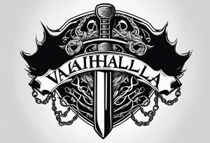 Valhalla sword round shield axe barbed wire chains dark cloud tattoo idea