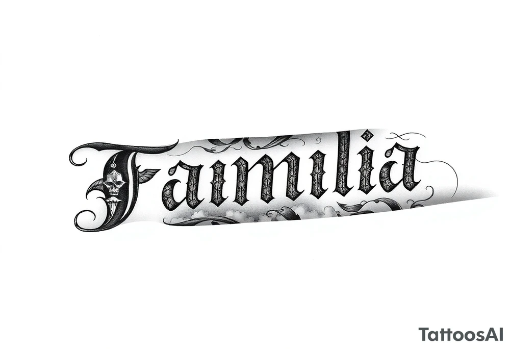powerful calligraphic text on forearm „Familia“ the rest of the full sleeve can contain gothic figures like greek gods and clouds or lightbeams as shading and filler there should be a date included in roman numerale the rest can be anything in realistic gothic style tattoo idea
