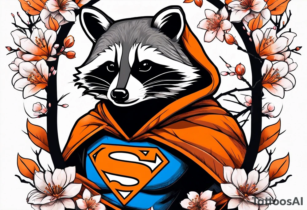 Raccoon wearing a white Superman logo on a black hoodie and orange Japanese cherry blossoms tattoo idea