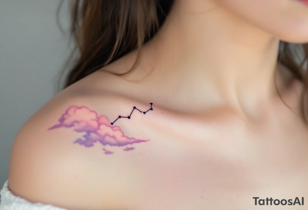 A soft pastel rendering of the Capricorn constellation on the collarbone, with pink and lavender clouds behind it. tattoo idea