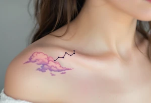 A soft pastel rendering of the Capricorn constellation on the collarbone, with pink and lavender clouds behind it. tattoo idea