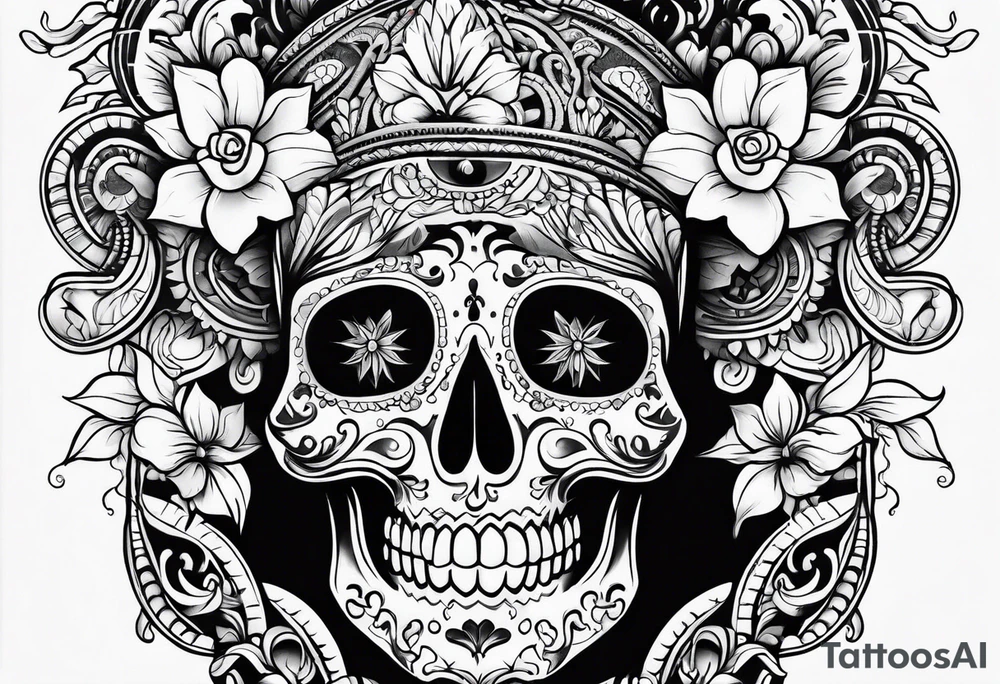 Black and white Mexican style sleeve tattoo idea