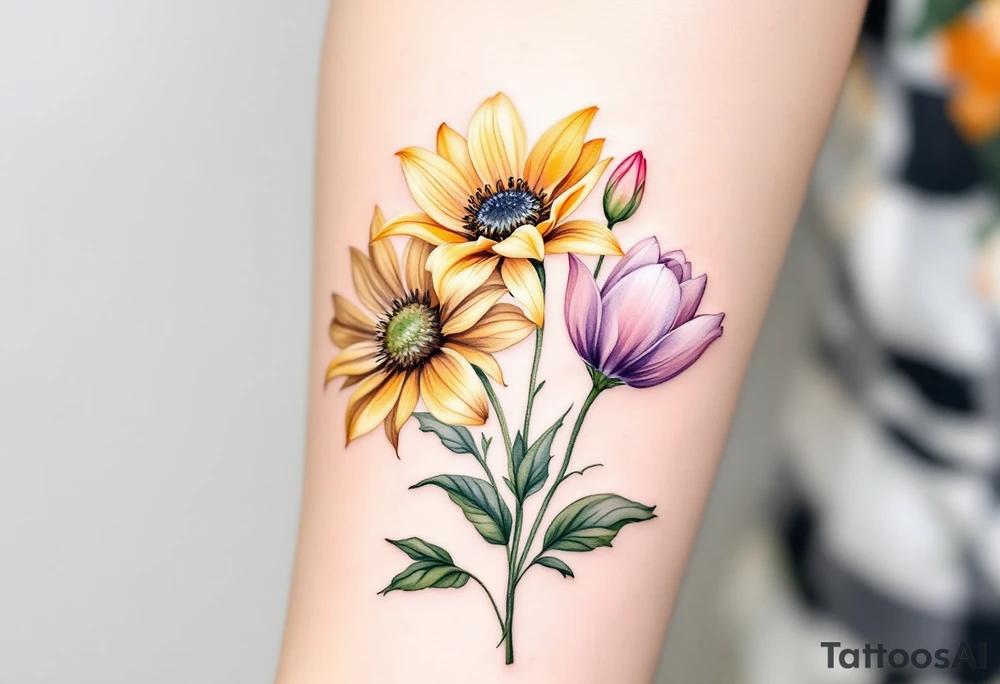 Small yellow sunflowers and simple stargazer Lilly in pale pink and pale purple tulip buds in a dainty wildflower bouquet with light green stems. No outlines on the flowers. Include feminine stem lines. tattoo idea