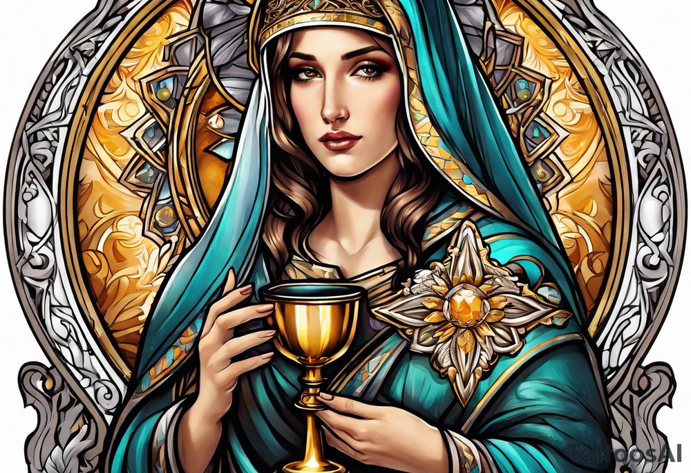 holy saint woman with halo holding a chalice tattoo idea