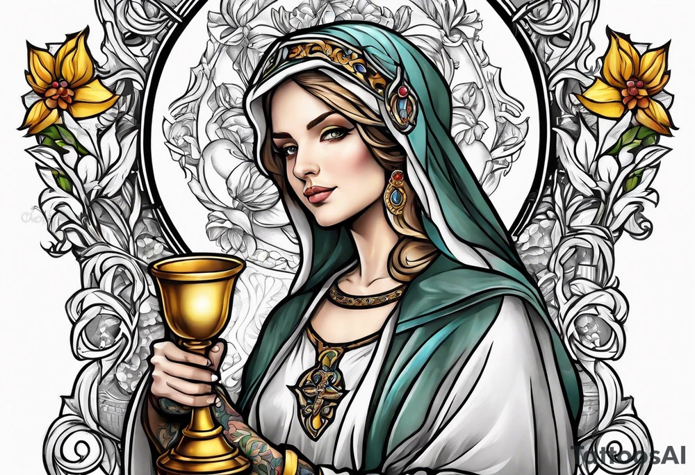 Female saint holding a chalice tattoo idea