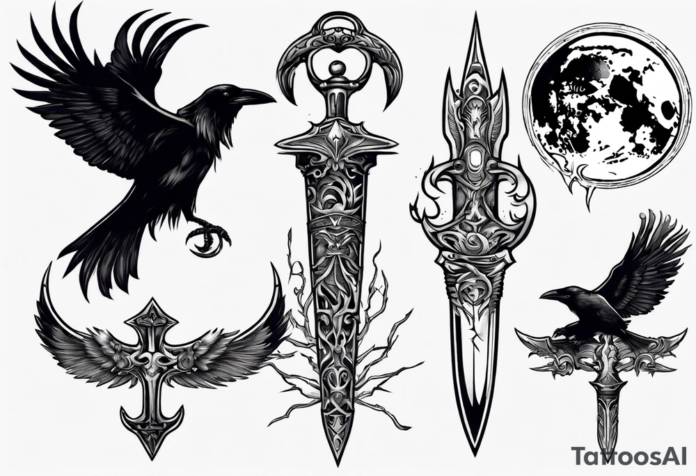 Raven , dagger , moon tattoo idea