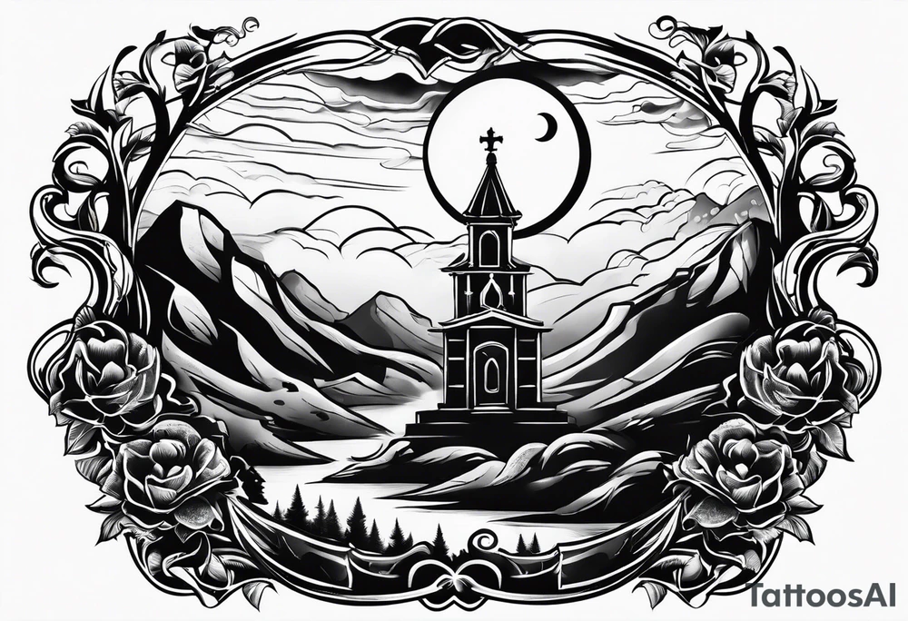 Graveyard with moon and smoke  on hills tattoo idea