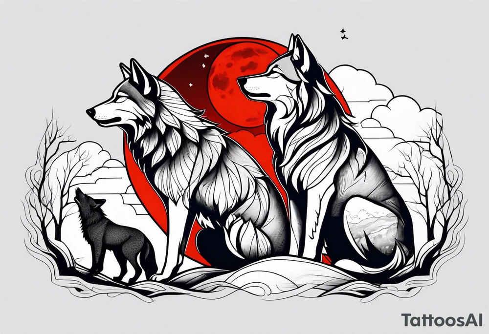 Wolfs with 4 cubs howling at blood moon tattoo idea