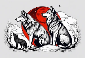 Wolfs with 4 cubs howling at blood moon tattoo idea