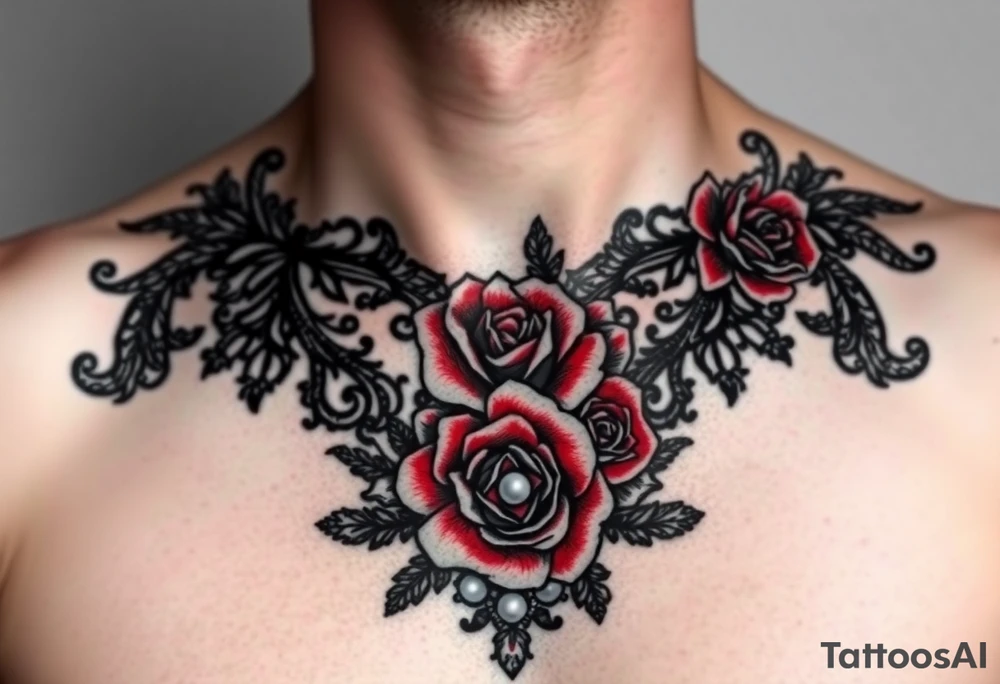 Black and red lace with pearls and rose tattoo for chest. Make elegant tattoo idea