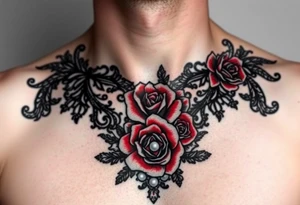 Black and red lace with pearls and rose tattoo for chest. Make elegant tattoo idea