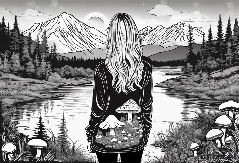Whole picture encircled fully

Straight long blonde hair hippie girl in distance holding mushrooms in hand facing away toward mountains and creek surrounded by mushrooms long sleeve shirt and hiking pants; whole rendering within a full circle, no cut off circle tattoo idea