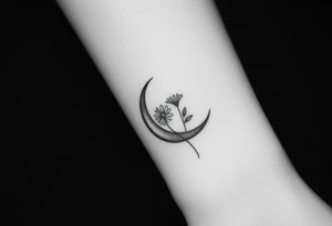 Small black and white tattoo waxing crescent moon with small Daisy birth flower and tiny Leo gliph tattoo idea