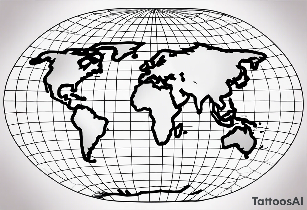 the earth on a flat map with light fading shading placed on a grid with only the lines with accurate depictions of the borders in countries while having it in an oval/circular position on a grid without any borders on the sides tattoo idea