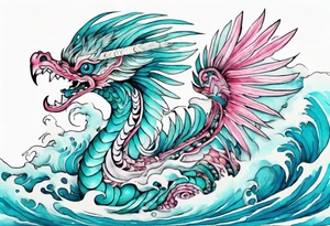 a turquoise and white and pink feathered serpent with beautiful eyes emerging from the blue waves of the ocean tattoo idea