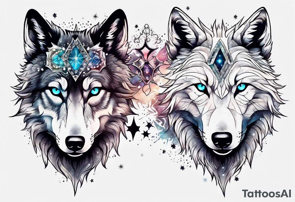 Constellation, two animal alien wolf, snowflake tattoo idea