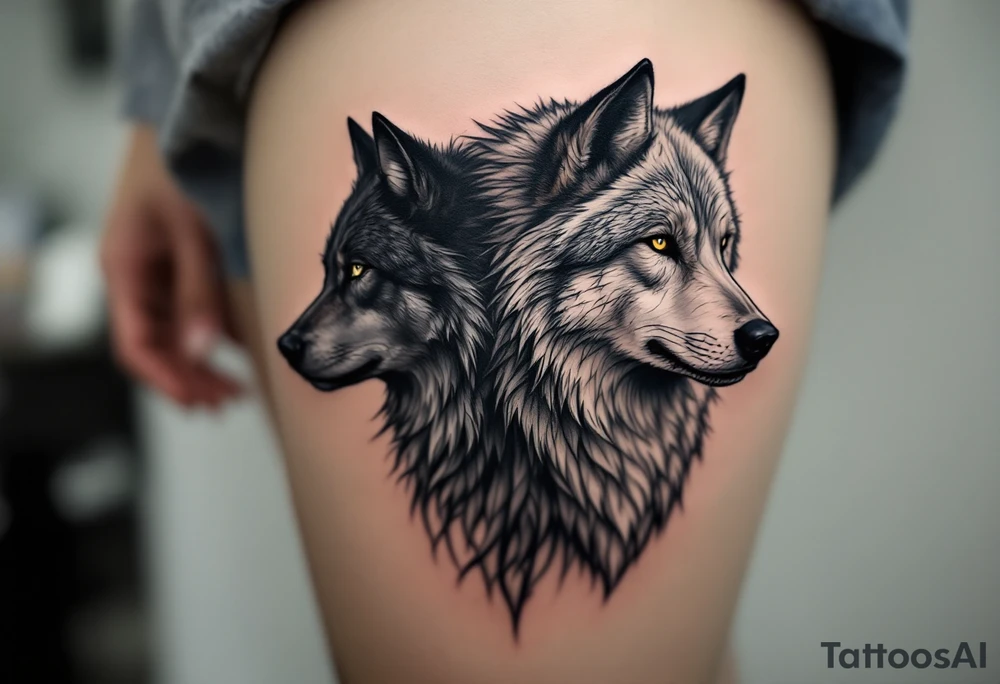 Black wolf and a white wolf side by side tattoo idea