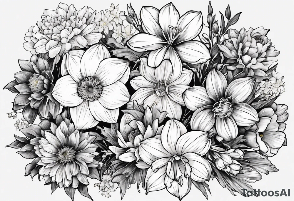 Narcissus, Chrysanthemum,
Cosmos, snow drop that shows all the flower stems for the back of the arm. Fine line. In a flower bouquet that you buy at the store tattoo idea