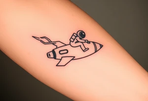 Busted Rocket ship with sparks coming out the back  with astronaut riding it tattoo idea