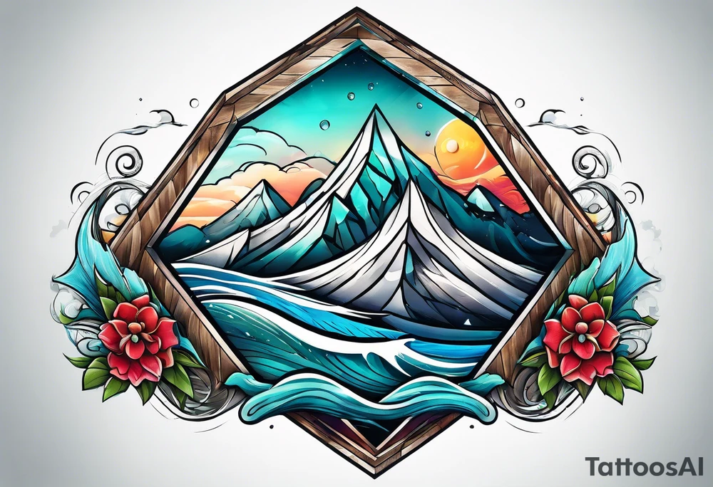 Mountains and ocean waves  crashing diamond shape tattoo idea