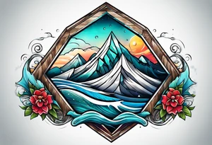 Mountains and ocean waves  crashing diamond shape tattoo idea