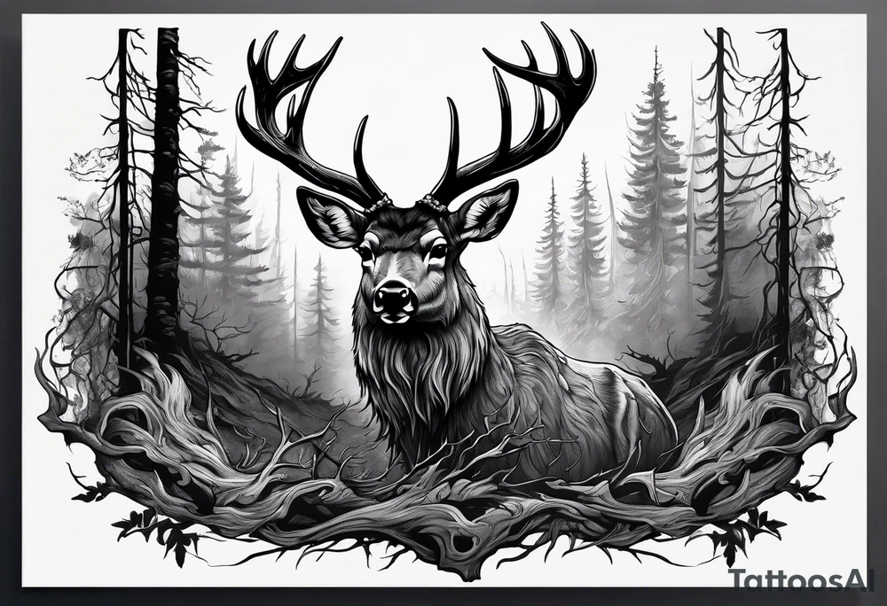 A frightening horror DECAYING deer carcass JUST BONE FROM THE SIDE surrounded by a forest fire in background tattoo idea