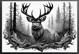 A frightening horror DECAYING deer carcass JUST BONE FROM THE SIDE surrounded by a forest fire in background tattoo idea