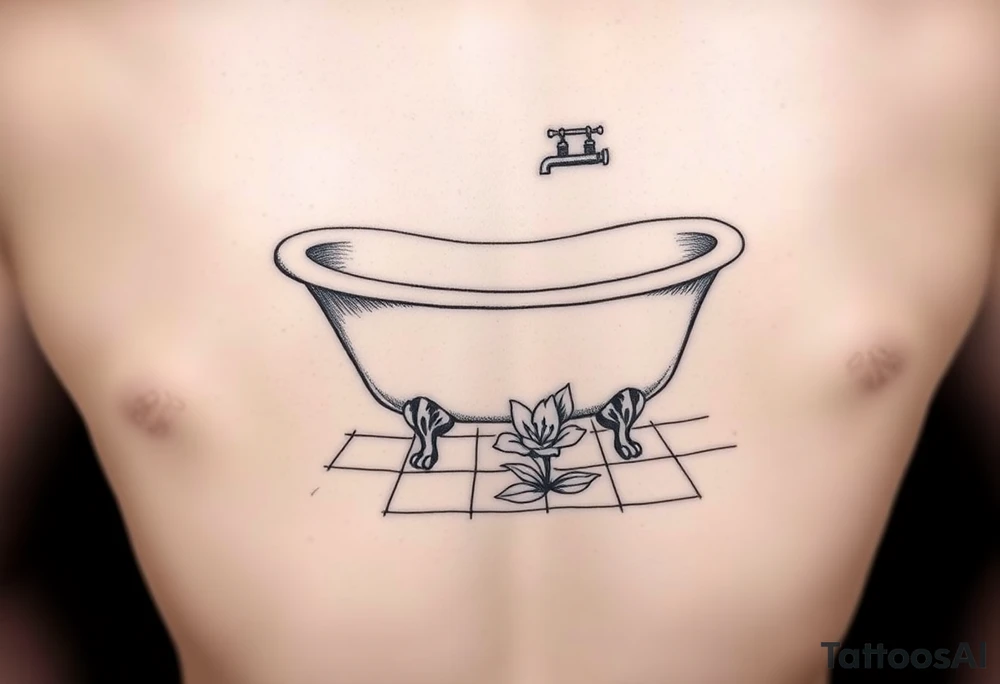 clawfoot bathtub with simple faucet and lily coming up out of the tile floor tattoo idea