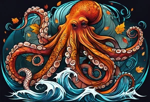 masculine abstract left thigh tattoo with a large long flowing octopus in water swirls wrapping around rocks, with a rose, in fall colors with some small leaves and fall elements tattoo idea