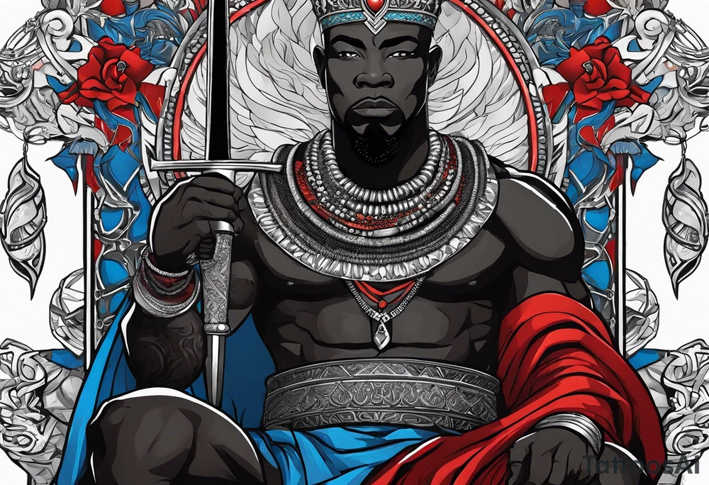An african god, a bald warrior, that uses a sword and a silver crown. He also uses blue and red necklaces tattoo idea