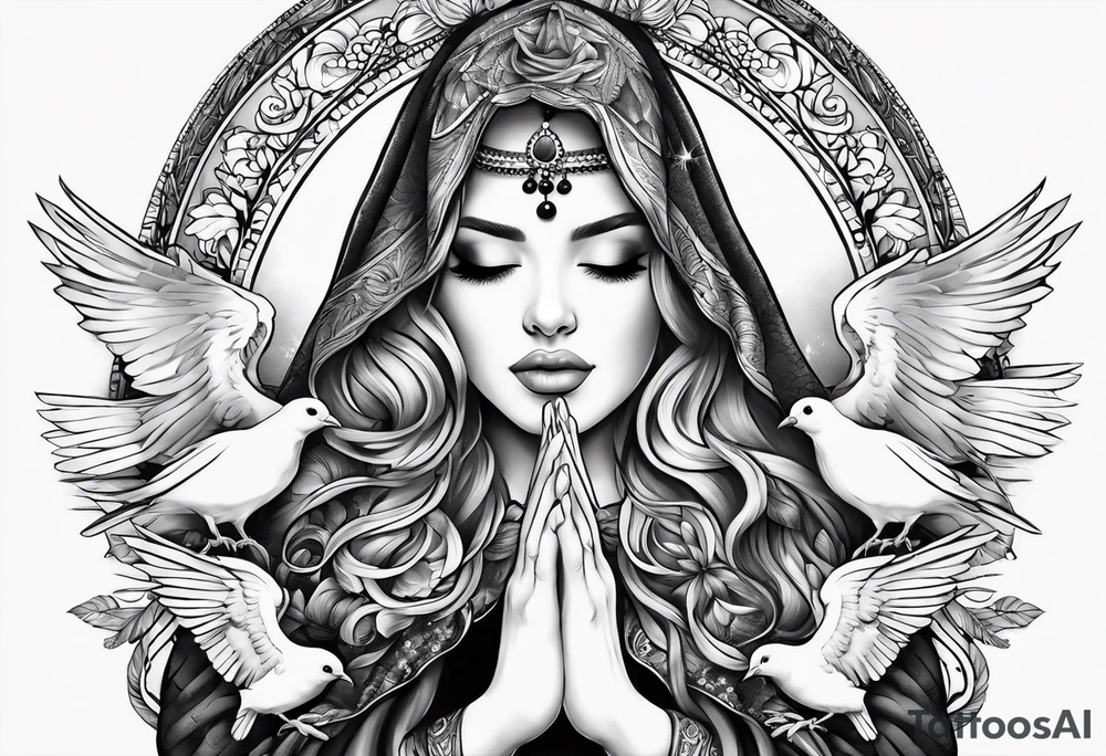 Woman praying hands with doves, full sleeve tattoo idea