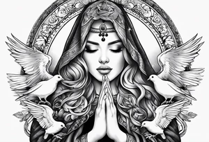 Woman praying hands with doves, full sleeve tattoo idea