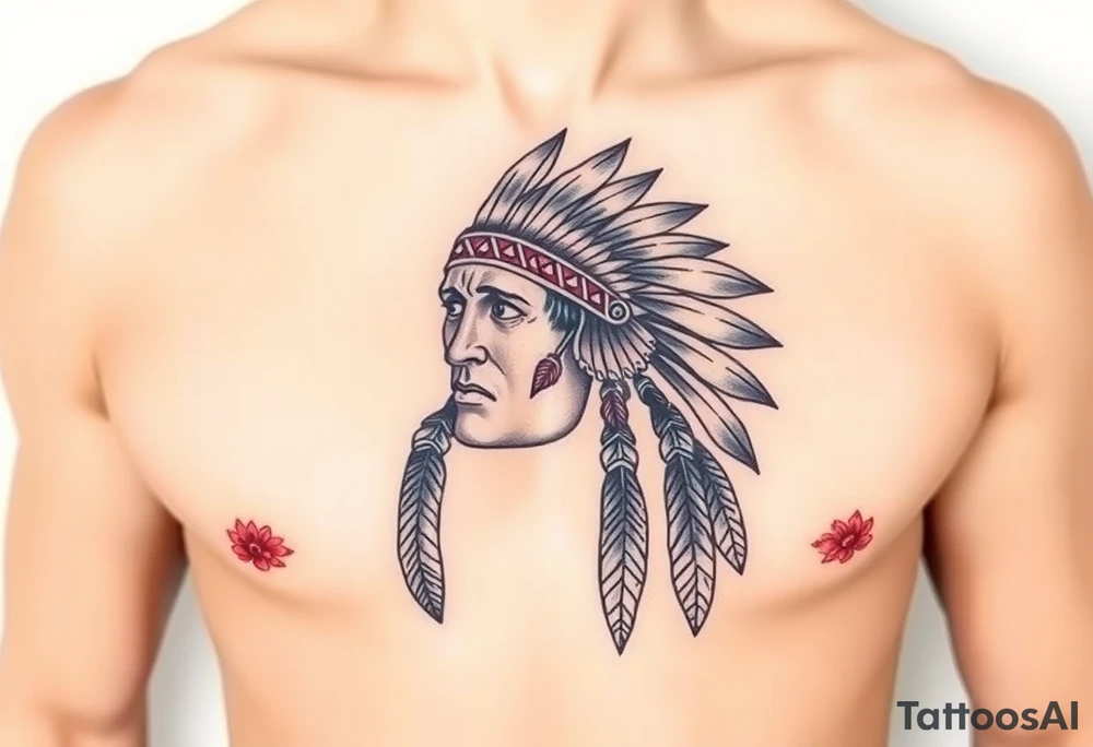 Native American chest in full color male left peck tattoo idea