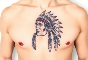 Native American chest in full color male left peck tattoo idea