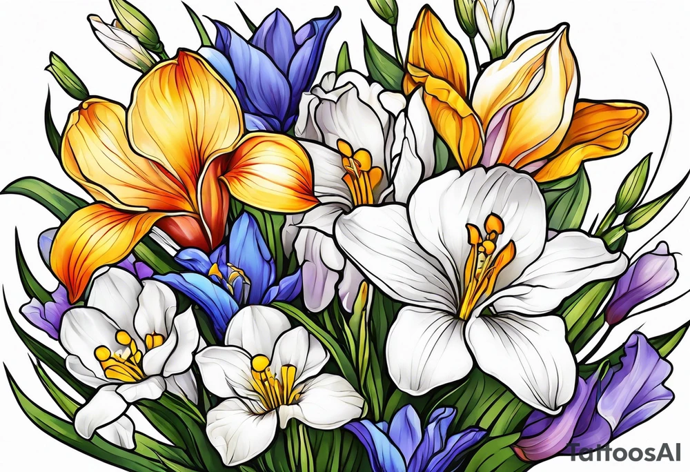 a bouquet of flowers that include a snowdrop, iris, cherry blossom, daisy and morning glory tattoo idea