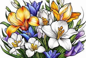 a bouquet of flowers that include a snowdrop, iris, cherry blossom, daisy and morning glory tattoo idea