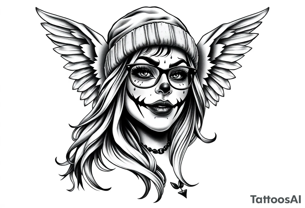Chicana BBL fat sexy chunky plus size beautiful long hair clown makeup angel wings thug beanie eyeglasses tattoo idea