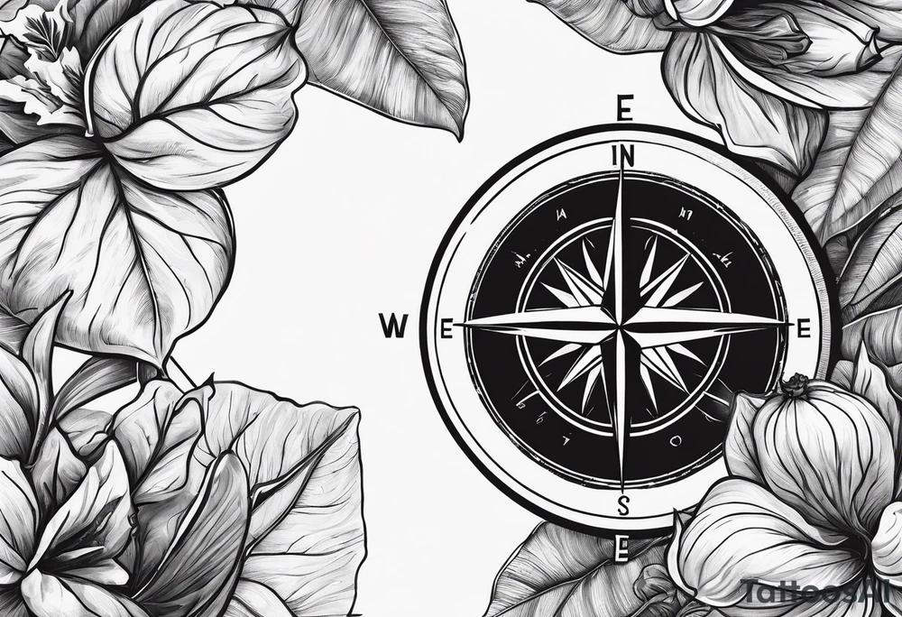 The compass is in the center, surrounded by a few eggplant leaves. tattoo idea