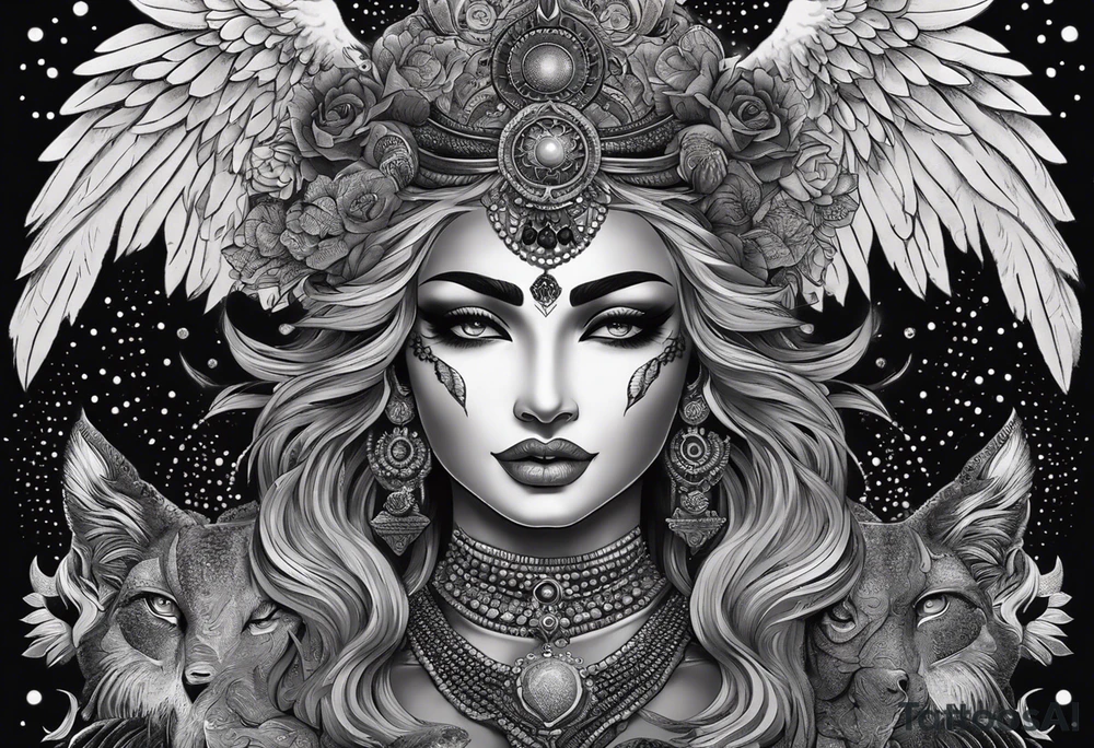 black kali, goddess pirate, alien, angel, pachamama, valkrye, warrior, flying, skull, lotus azul, wing, eagle, zenza resonance, stars, 5D, anahata chakra, death, durga, riding on a tiger, flying lady, kundalini, chest tatoo, samuri, rebel, serpent tattoo idea